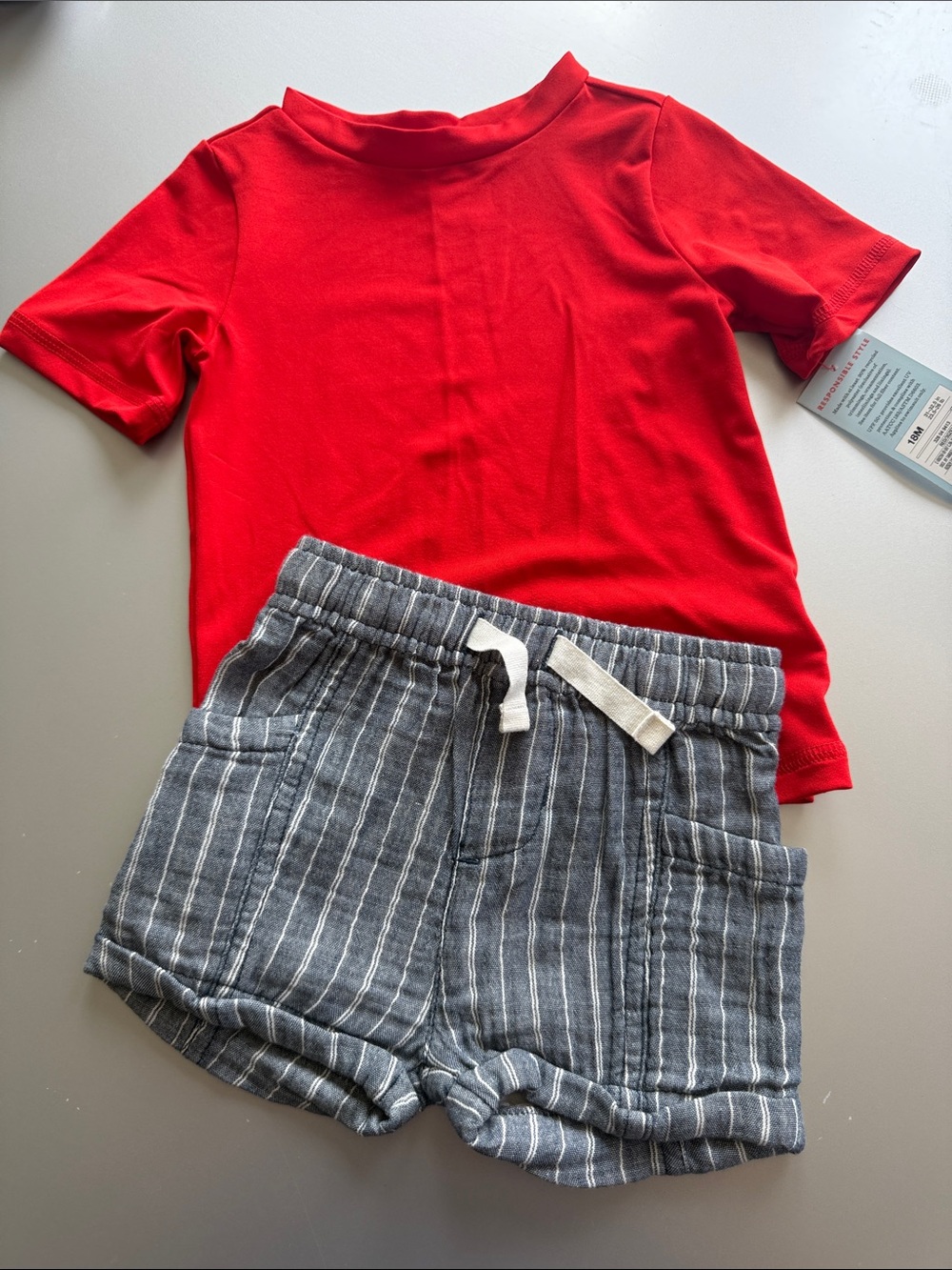 Cat & Jack Red Tee and Gray Striped Knit Shorts Set